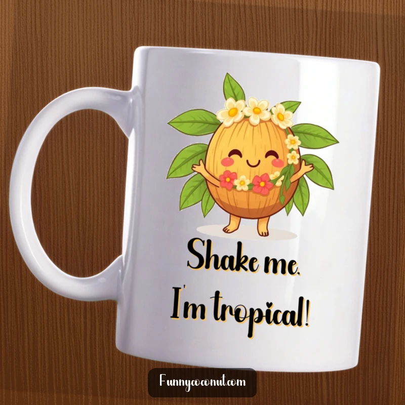 Funny Hula Dancing Coconut Mug, a cheerful tropical character in a tiny lei, joyfully dancing the hula with a big smile.