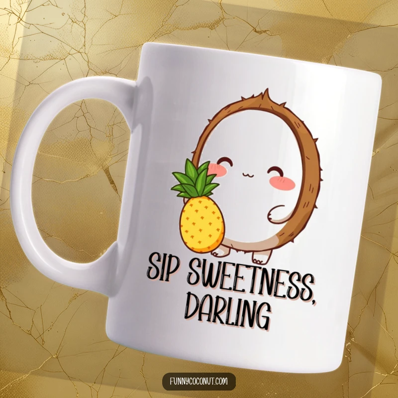 Funny mug showing a shy, blushing coconut character gently offering a small, sweet pineapple, symbolizing a heartfelt, humorous gesture.