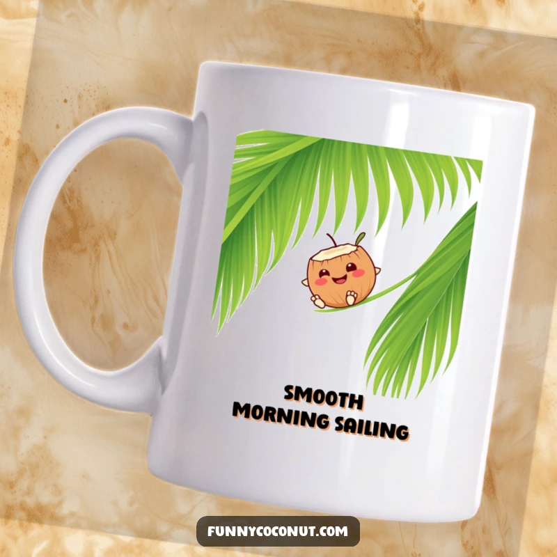 Funny smiling coconut character happily sliding down a palm frond, a fun and sunny mug.