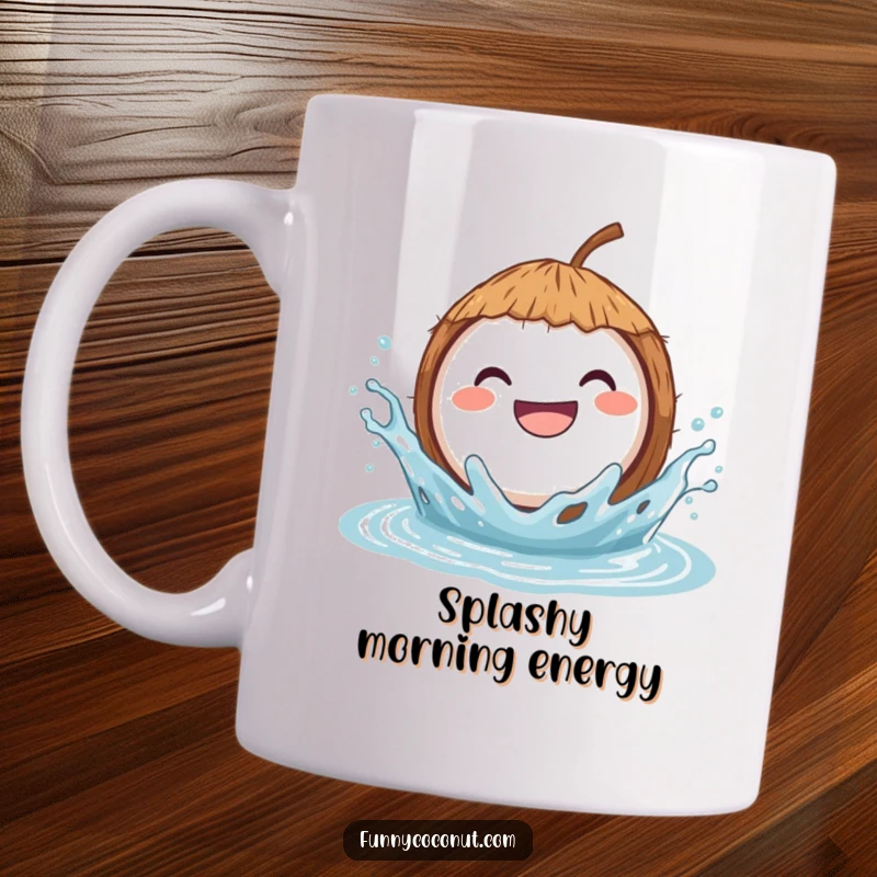 Funny mug showing a grinning coconut joyfully splashing in clear blue water, radiating pure happiness and water-loving fun.