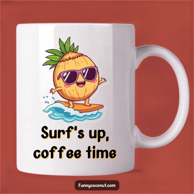 Funny Coconut Surfer Mug: Delighted Character Riding Wave, Cool Gift!