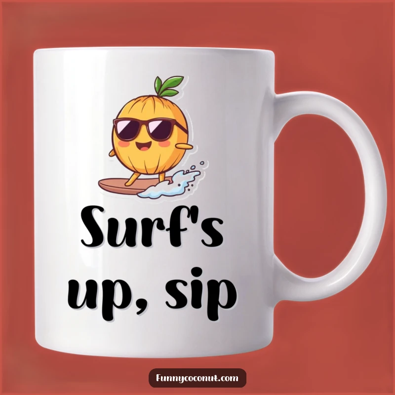 Funny Surfing Coconut Mug: Cool Sunglasses & Tiny Wave Rider Gift