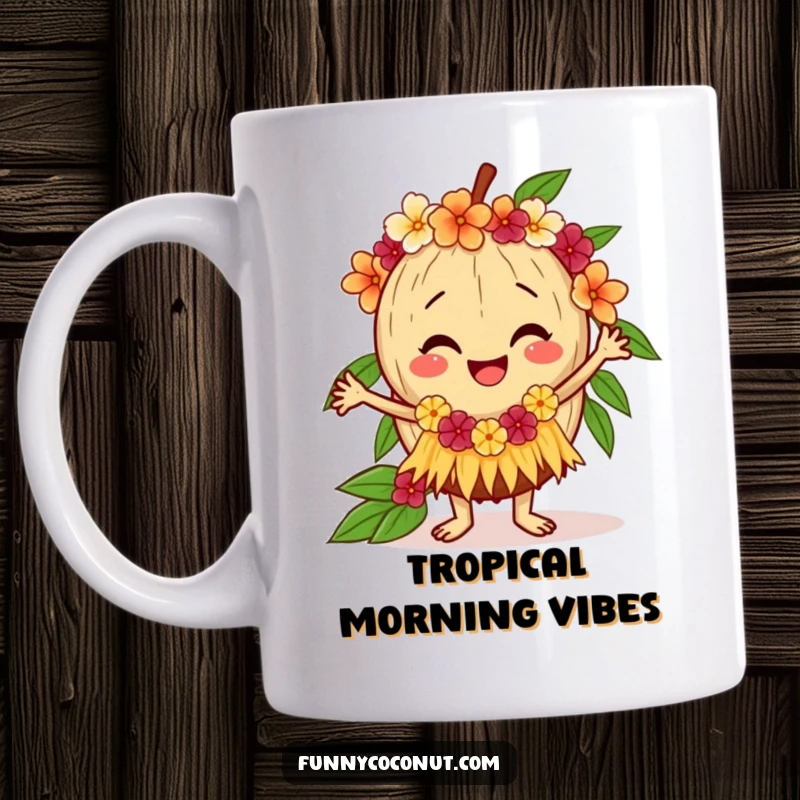 Funny coconut mug with a happy expression doing a hula dance while wearing a lei, evoking tropical fun and island relaxation.