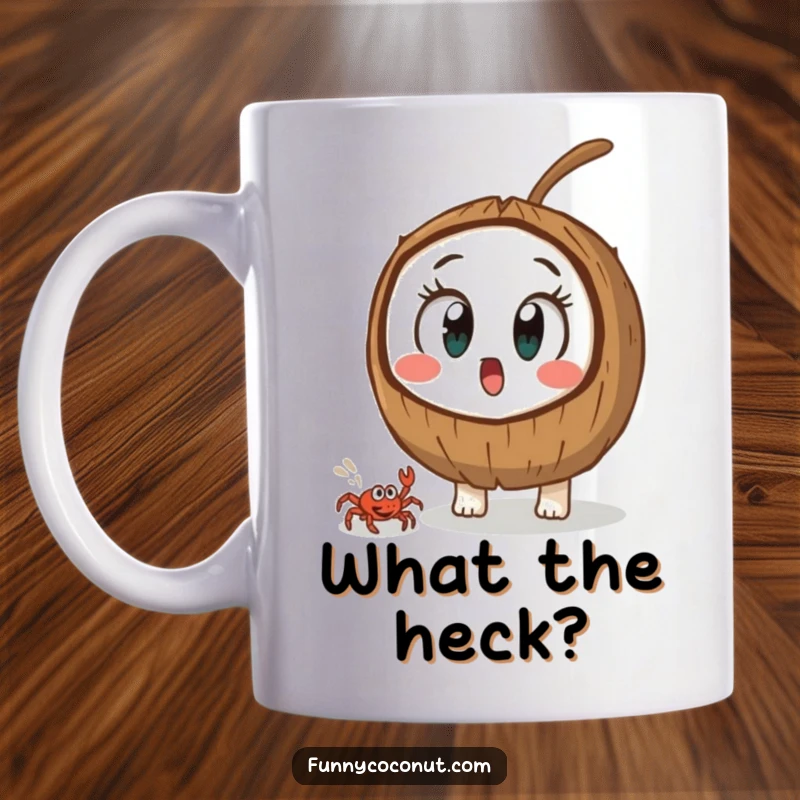 Funny coconut with comically wide eyes, staring in shock at a tiny crab scuttling past, a humorous mug design.