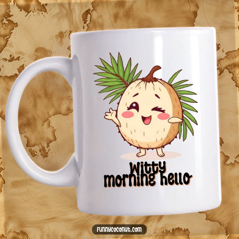 Funny mug showcasing a coconut character winking mischievously while striking a silly pose, holding a large palm frond with tropical flair.