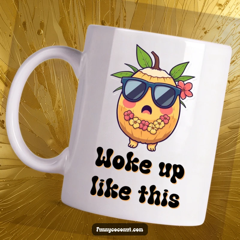 Funny mug featuring a surprised coconut wearing sunglasses and a lei, ready for a tropical getaway.