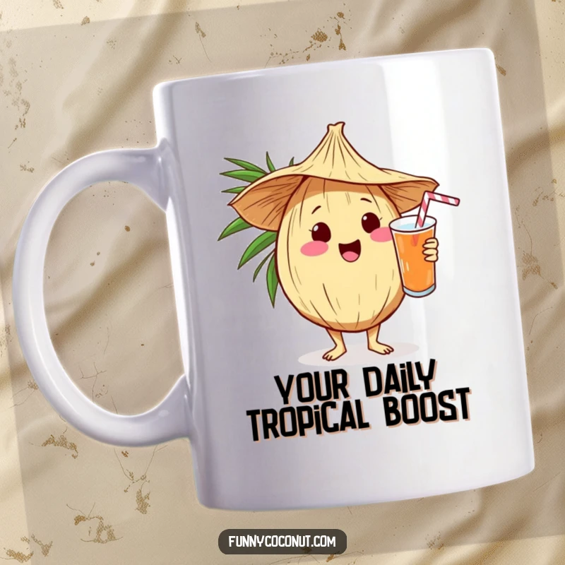 Funny kawaii coconut wearing a straw hat, enthusiastically holding a drink, ready to serve with a smile on a mug.