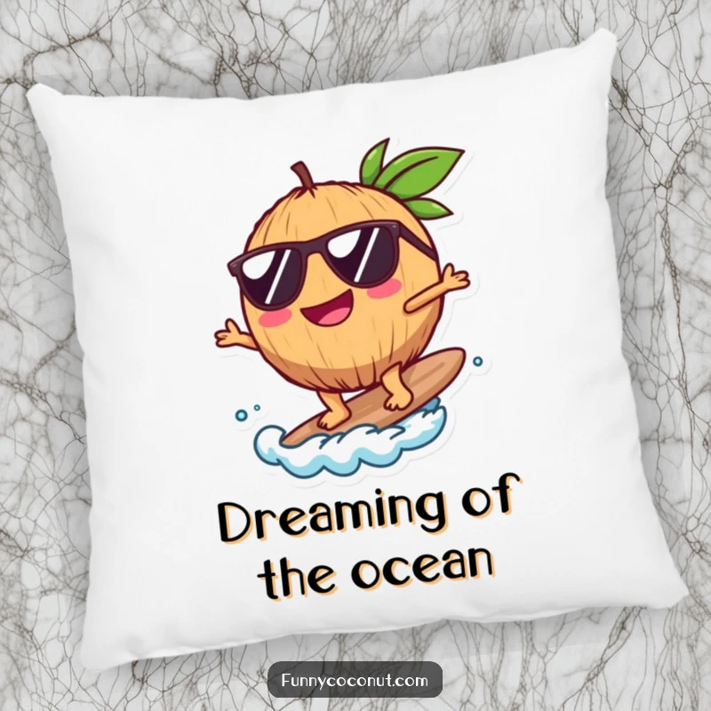 Funny Coconut Pillow, soft and tropical, showing a coconut with sunglasses surfing, perfect for decor and comfort, a great funny gift.