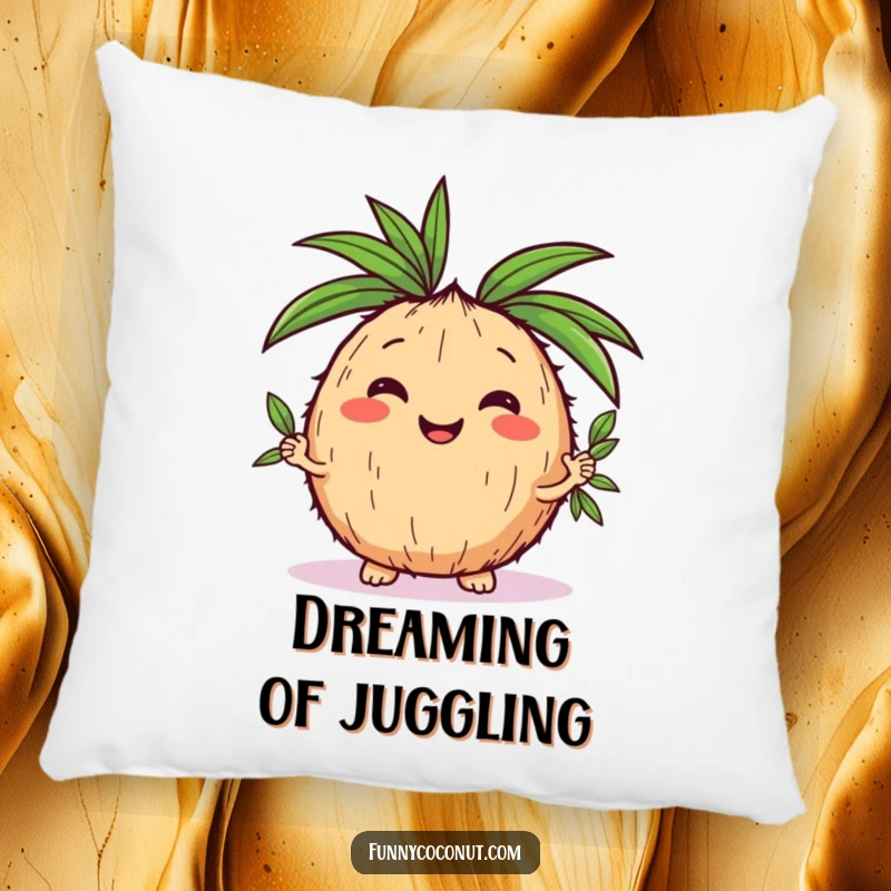 Soft, decorative pillow featuring a funny kawaii coconut juggling palm leaves, adding comfort and humor to any room.