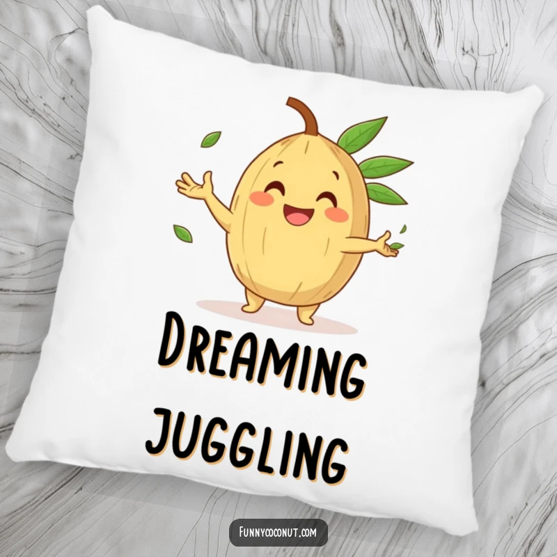 Funny Pillow showcasing a happy coconut character with a gleeful grin, juggling tiny palm leaves, bringing cozy fun.