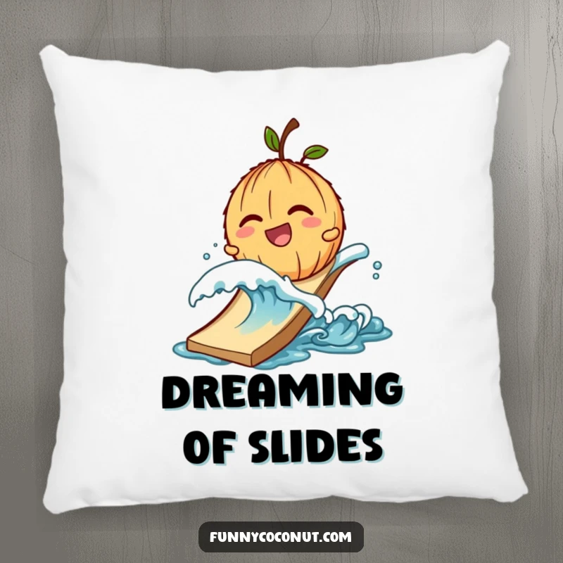 Funny and soft pillow with a giggling coconut character being pushed down a slide by a small wave.