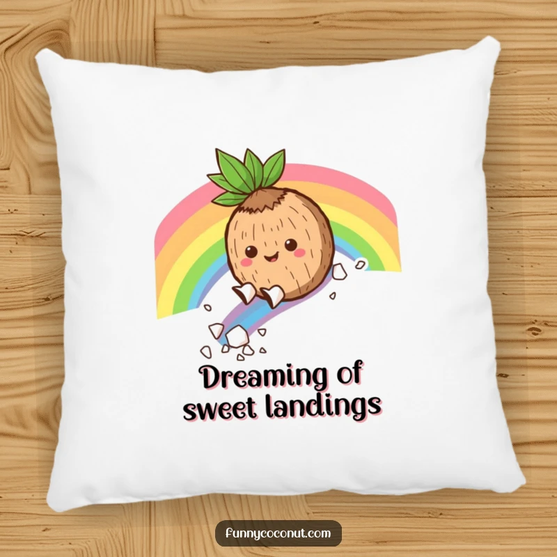 Funny Pillow: A delighted coconut character slides down a bright rainbow, leaving a trail of coconut flakes, adding comfort and humor.