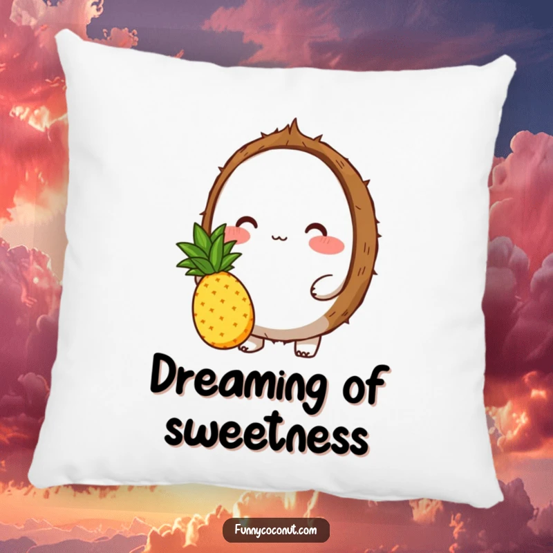 Funny decorative pillow with a blushing coconut character offering a pineapple, bringing soft, sweet, and humorous tropical vibes.