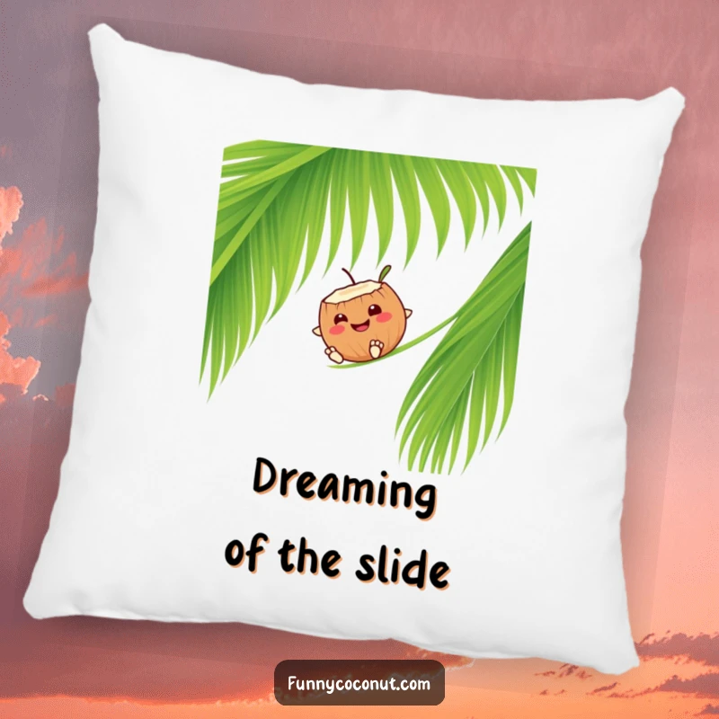 Funny smiling coconut character sliding down a palm frond, a soft and decorative pillow.