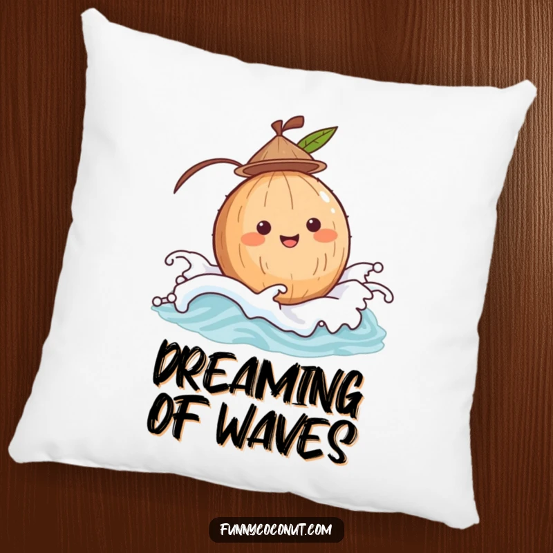 Funny coconut wearing a hat, bobbing on a gentle wave, a soft and humorous pillow for cozy seaside vibes.