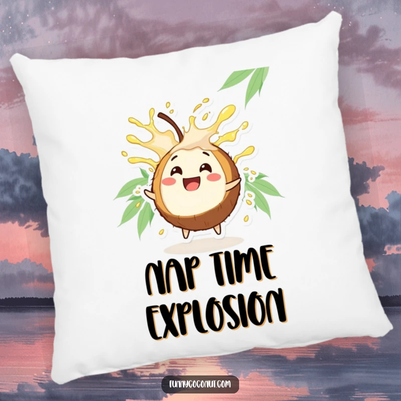 Funny Coconut Pillow: A soft cushion featuring a happy coconut character joyfully spraying refreshing juice.