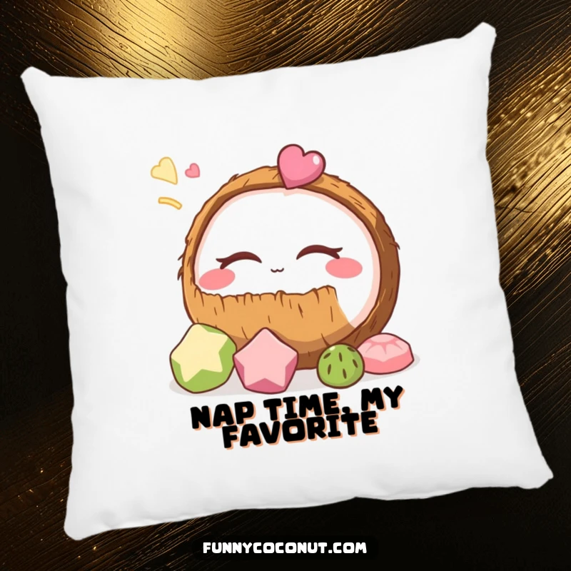 Funny coconut pillow featuring a cute coconut with eyes closed, dreaming of delicious treats, offering comfort and humor.
