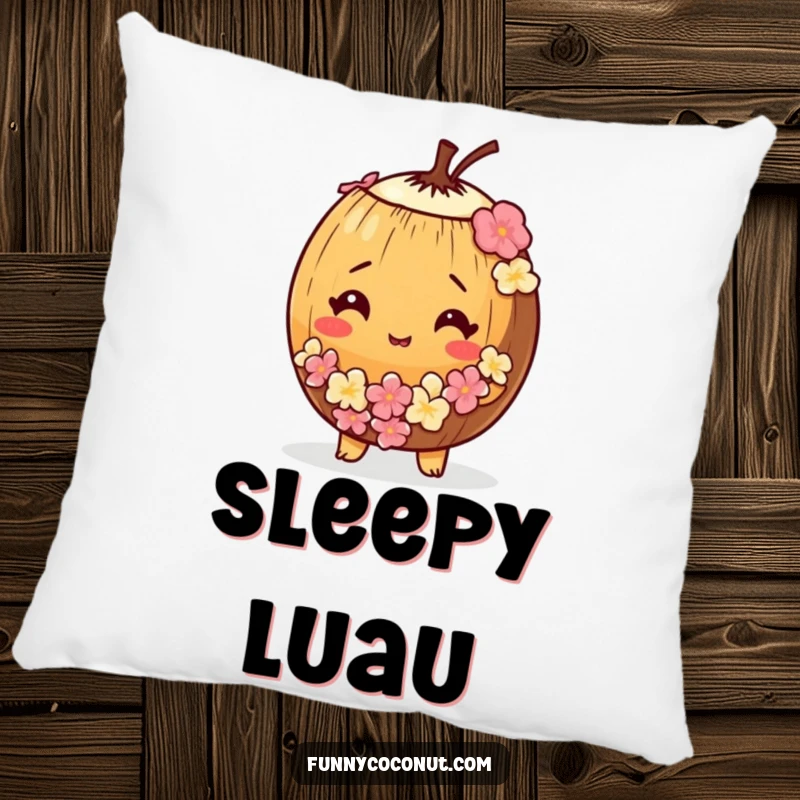 Funny decorative pillow featuring a bewildered coconut wearing a tiny lei, perfect for cozy spaces.