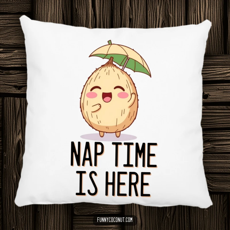 Funny pillow showing a joyfully giggling coconut character with a tiny umbrella balanced precariously on its head, offering cozy humor.