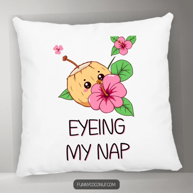 Funny Curious Coconut Pillow: A curious coconut character peeks from behind a hibiscus flower, bringing tropical fun and humor.