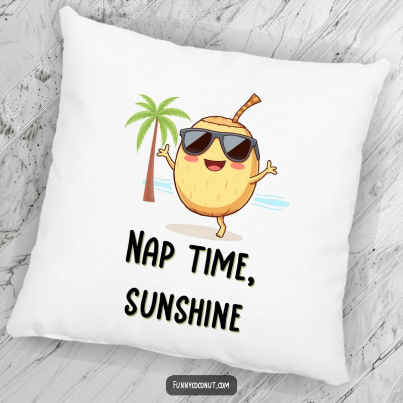 Funny happy coconut with sunglasses and a straw, dancing on a beach, a soft and humorous decorative pillow for cozy spaces.