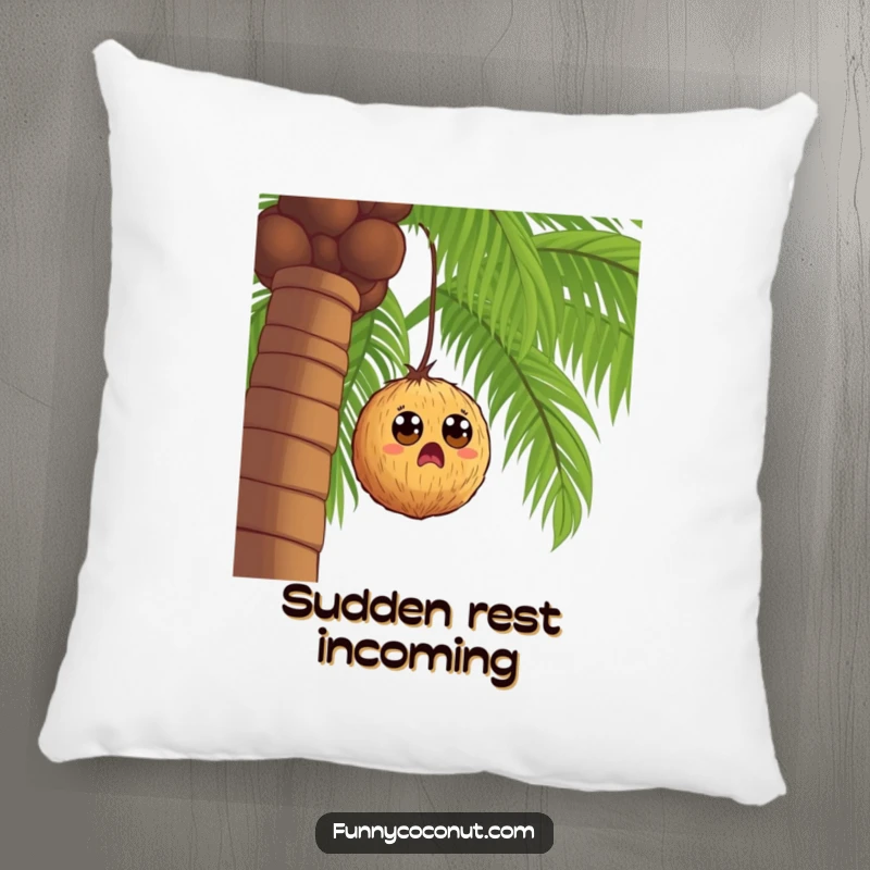 Funny wide-eyed coconut falling from a palm tree, a soft and humorous decorative pillow for comfort and laughs.