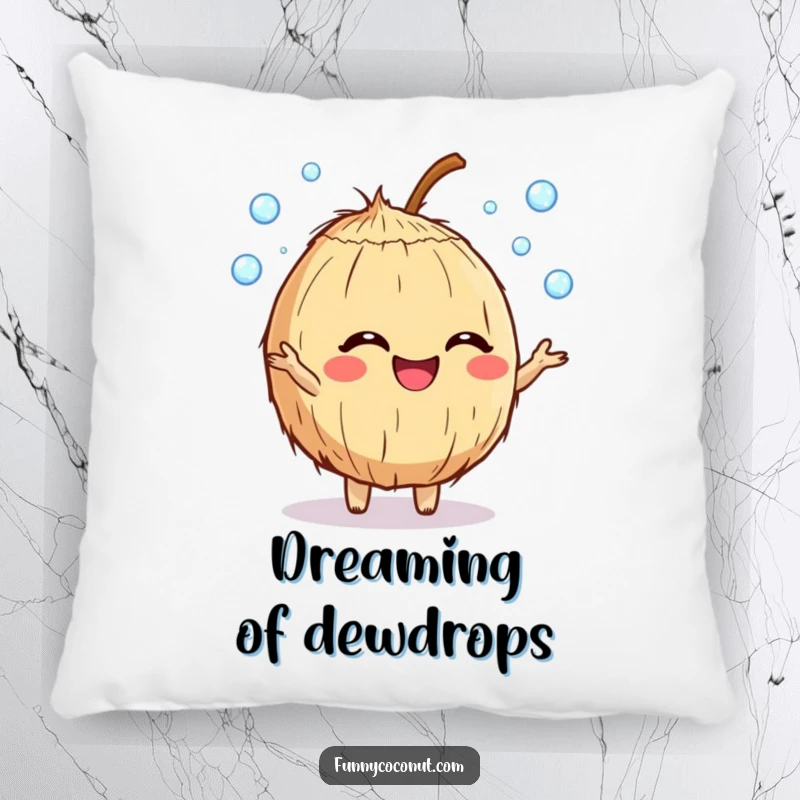 Funny giggling coconut character pillow juggling dewdrops, soft, comfortable, and radiating infectious happiness.