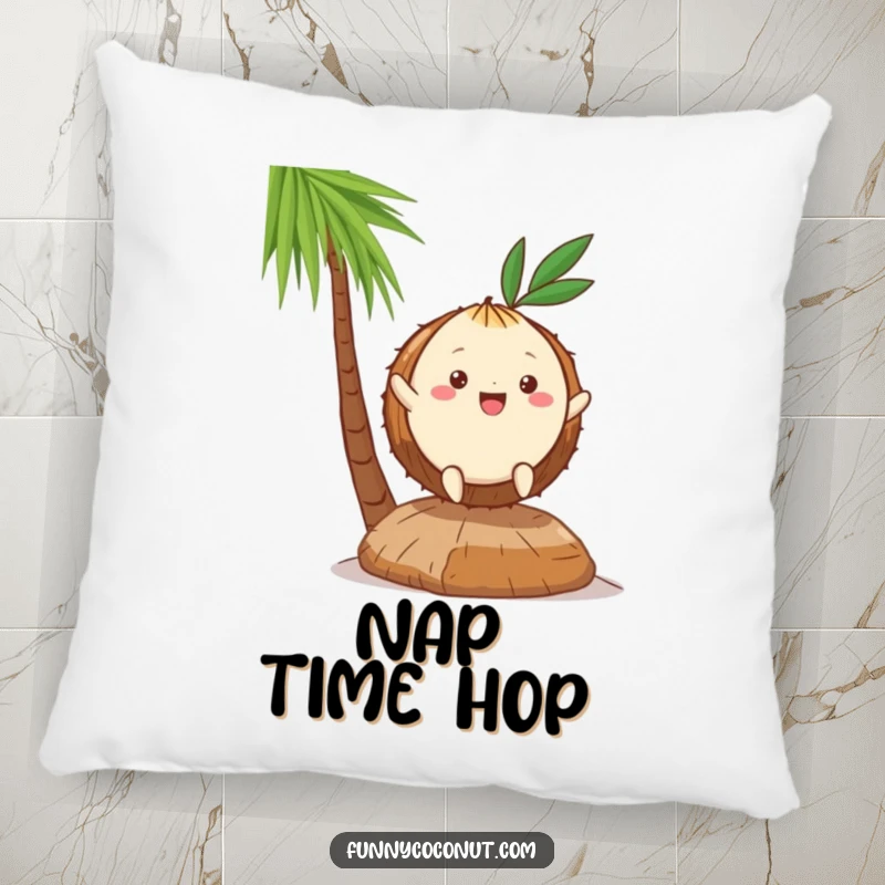 Funny Kawaii Coconut Pillow: a soft cushion featuring a cute character doing a joyful hop on a piece of husk, very cute.