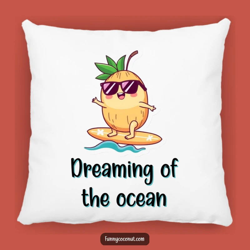 Funny Pillow: Happy Coconut on Surfboard - Comfy & Hilarious Tropical Decor Gift