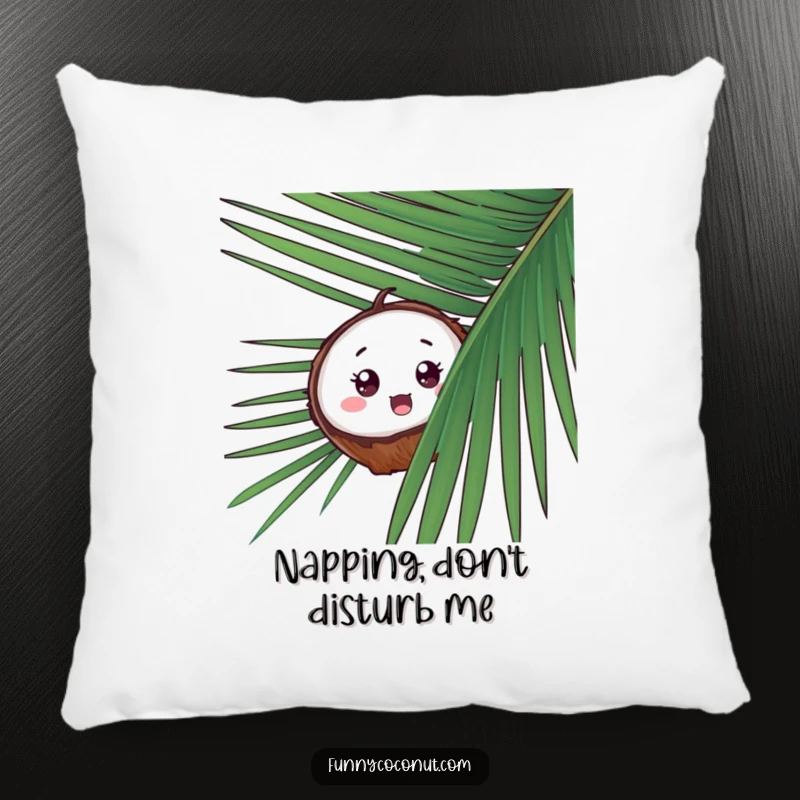 Funny Surprised Coconut Pillow, a coconut comically peeking from behind palm leaves, offering a soft and cozy tropical surprise.