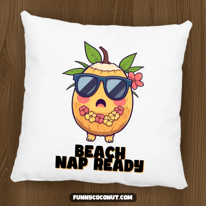 Funny decorative pillow featuring a surprised coconut wearing sunglasses and a lei, perfect for adding soft tropical charm.