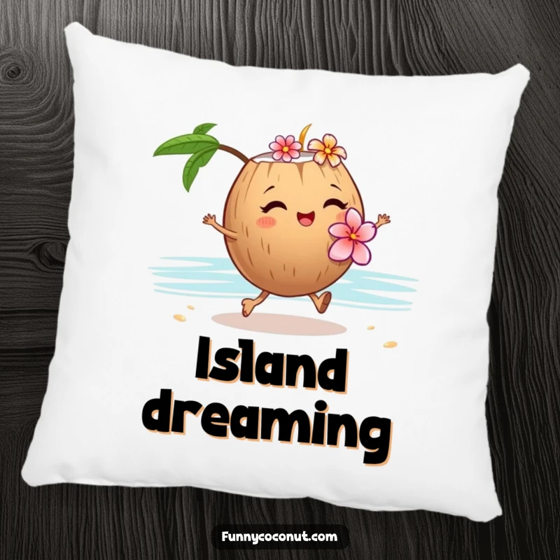 Funny pillow featuring a winking coconut with a flower lei, skipping on sand, perfect for adding tropical comfort.