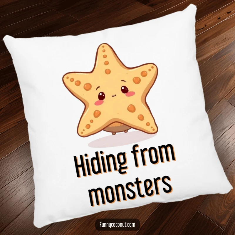 Funny decorative pillow with a shy coconut character peeking from behind a large starfish, offering soft ocean-themed humor.