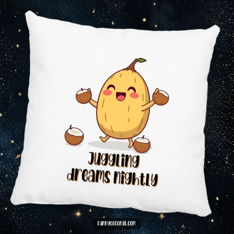 Funny Coconut Juggler Pillow: A jubilant coconut character juggles smaller coconuts, offering soft comfort and a playful, entertaining vibe.