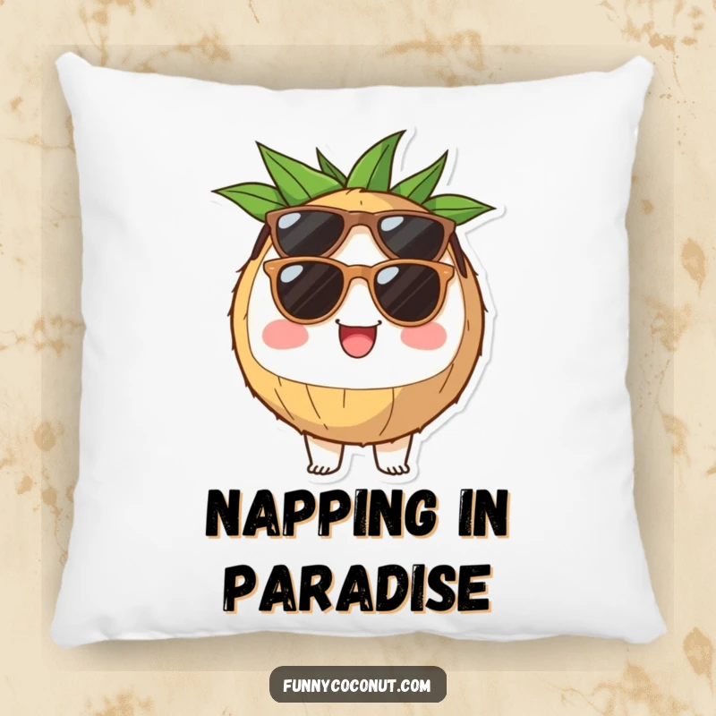 Funny coconut half pillow wearing sunglasses, radiating pure cheerfulness and a relaxed tropical vibe, soft and decorative.