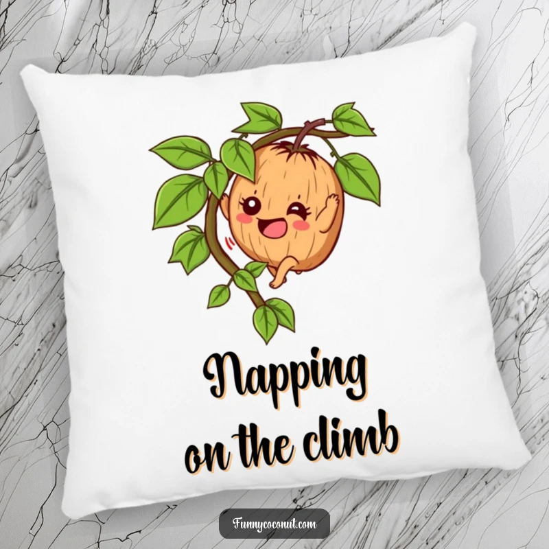 Funny Determined Coconut Pillow: A determined coconut character climbs a vine with enthusiasm, bringing tropical fun and humor.