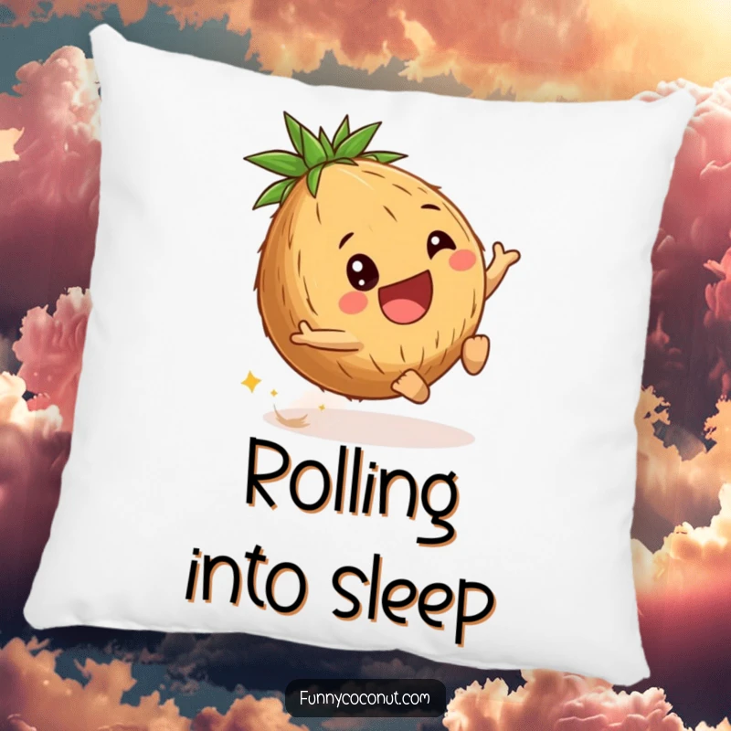 Funny coconut pillow depicting a delighted young coconut rolling downhill, perfect for adding soft comfort and a touch of carefree fun.