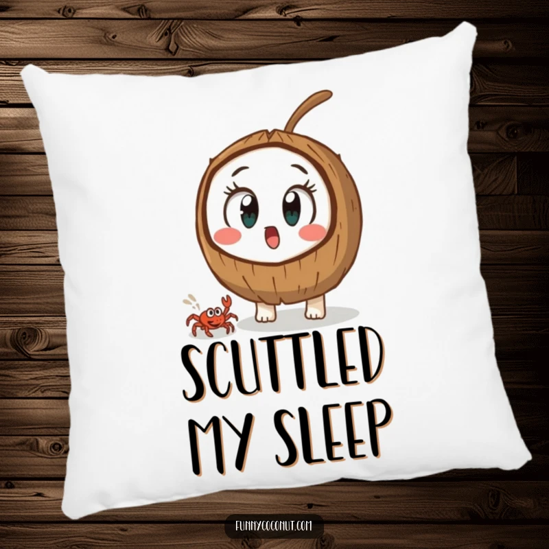 Funny coconut character with shocked, wide eyes, watching a small crab, a soft and humorous pillow.