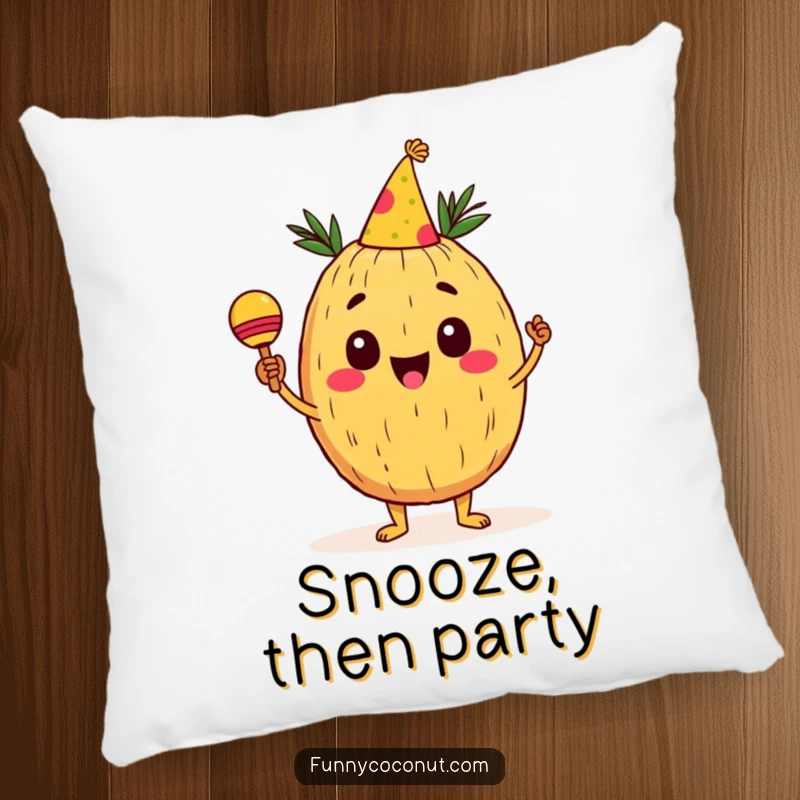 Funny Coconut Pillow: A cheerful coconut character in a party hat shaking maracas, offering comfort and festive vibes, perfect for relaxation and fun.