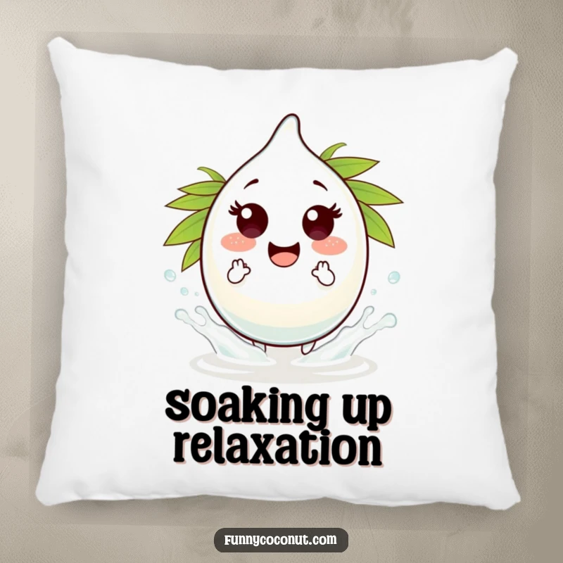 Funny coconut water droplet character pillow, performing tiny splashes, soft, comfortable, and radiating playful vibes.