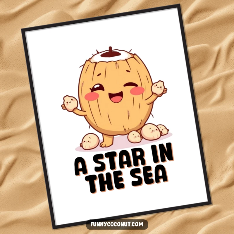Funny Digital Art Print: A winking coconut character juggles smiling seashells, capturing playful seaside energy and artistic flair.