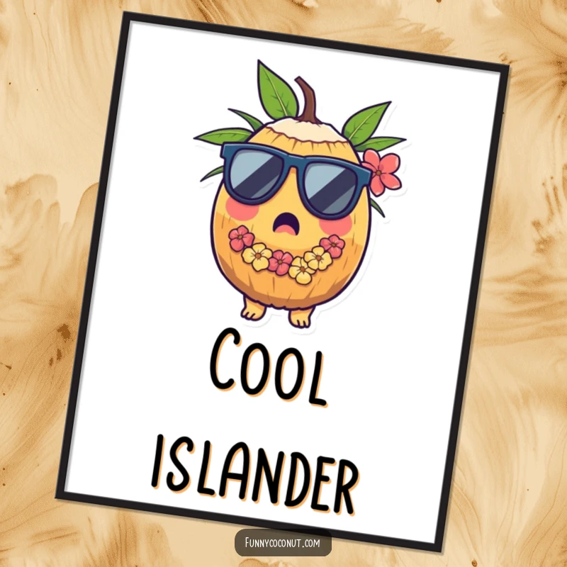 Funny digital art print of a surprised coconut character wearing sunglasses and a lei, perfect for instant tropical wall decor.