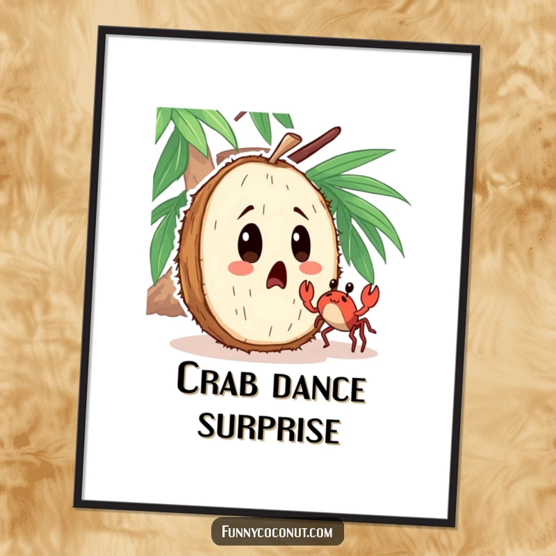 Funny digital art print of a surprised coconut character observing a tiny crab dancing nearby with comical astonishment.