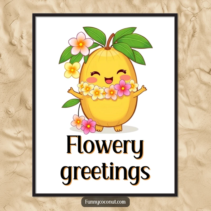 Funny digital art print of a delighted coconut character offering a flower lei, perfect for instant tropical decor and as a humorous gift.