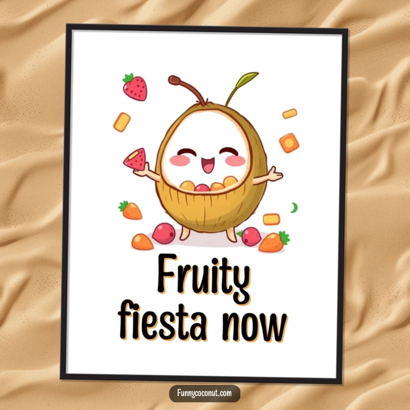 Funny digital art print of a winking coconut skillfully juggling colorful tiny fruit snacks, radiating playful energy and fruity fun.