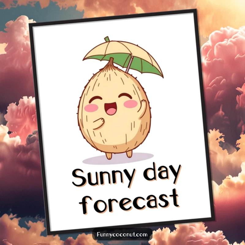 Funny digital art print of a coconut character in hysterics, balancing a tiny umbrella perfectly on its head, radiating tropical silliness.
