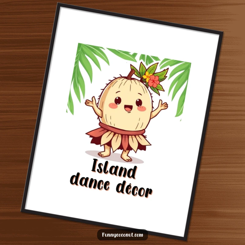 Funny Coconut Hula Dancer Digital Art Print: A gregarious coconut character performs a hula dance, radiating island joy and festive energy, perfect for decor.