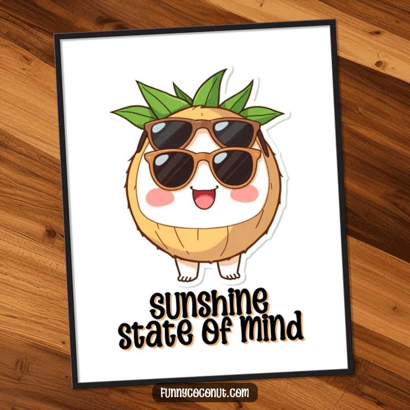 Funny coconut half digital art print wearing sunglasses, radiating cheerful tropical vibes, instant download for fun decor.