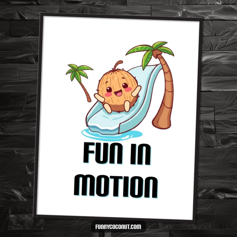 Funny Digital Art Print: A high-resolution image of a joyful coconut character speeding down a blue waterslide, embodying pure summer fun.