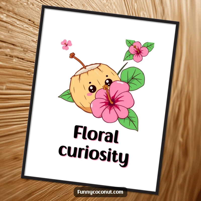 Funny Curious Coconut Digital Art: A coconut character peeks from behind a hibiscus flower, embodying tropical curiosity and humor.